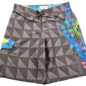 Op Ocean Pacific Board Shorts 34 Black Blue Pink Geometric Print 90s Vintage